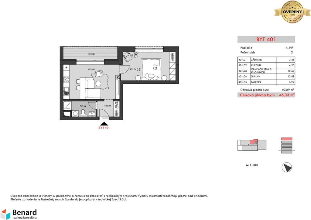 BD – RELAX; 2 IZBOVÝ BYT; 4.NP; 46,33m2;PREDANÉ;