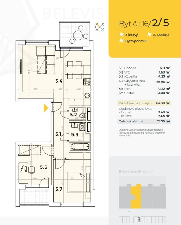 BR | 3 izb byt 64m2, 1x balkón 5m2, 1x loggia 3m2, možnosť parkovania